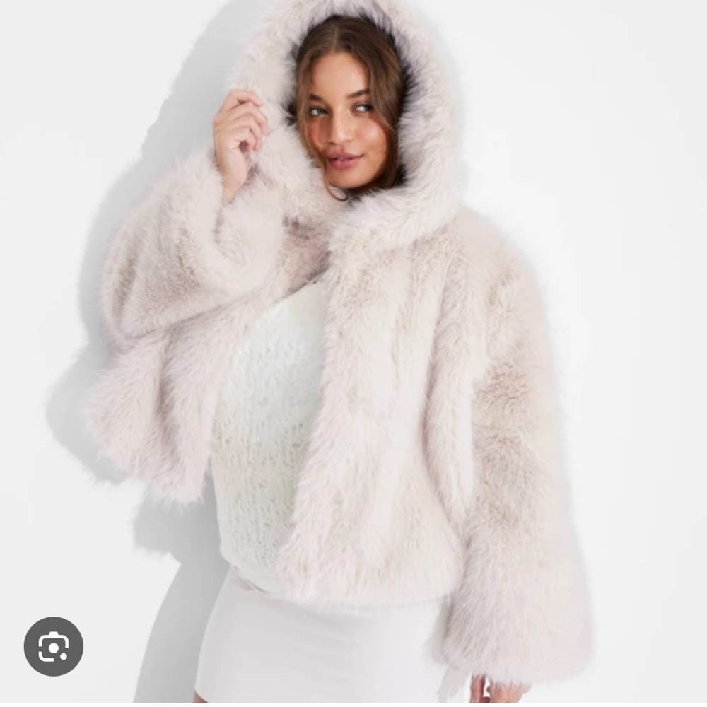 White faux fur jacket with hood
